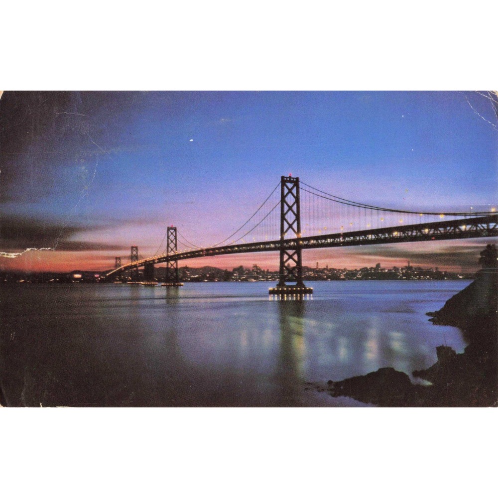 Vintage 1966 San Francisco Bay Bridge at Night Postcard Mike Roberts C1089